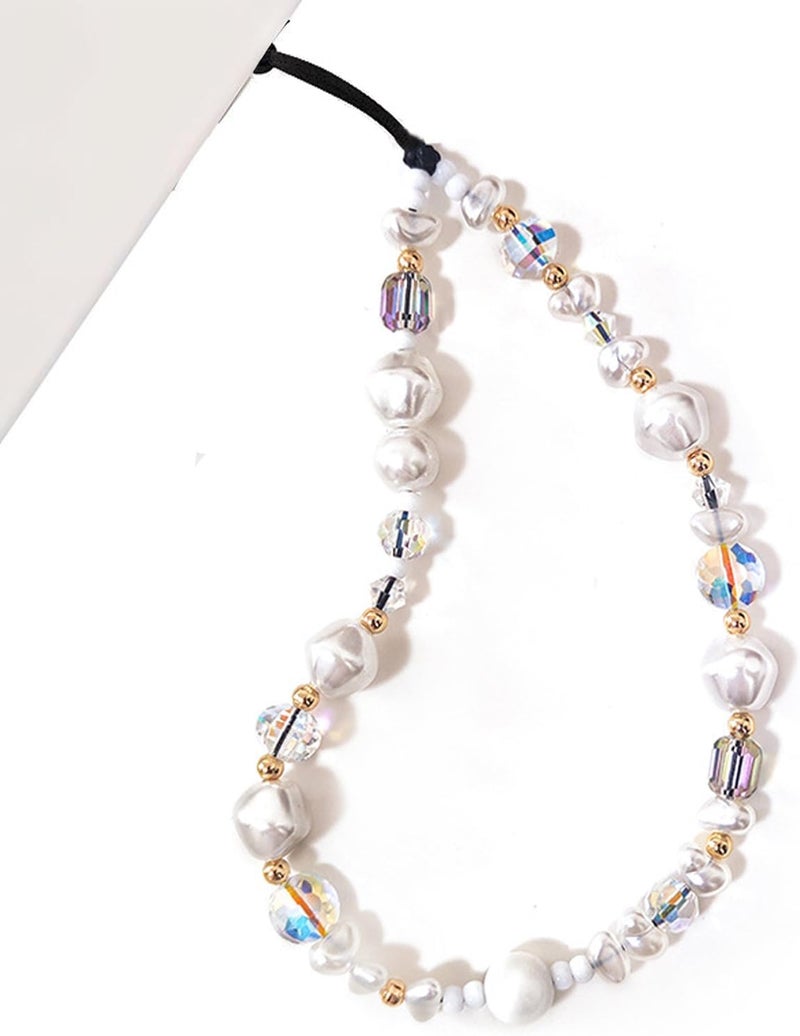 WCCH Beaded Phone Charm Y2K Kawaii Handmade Acrylic Phone Lanyard Wrist Strap for Camera Bag Airpods Keychain Charm Crystal White Pearl - Image 1